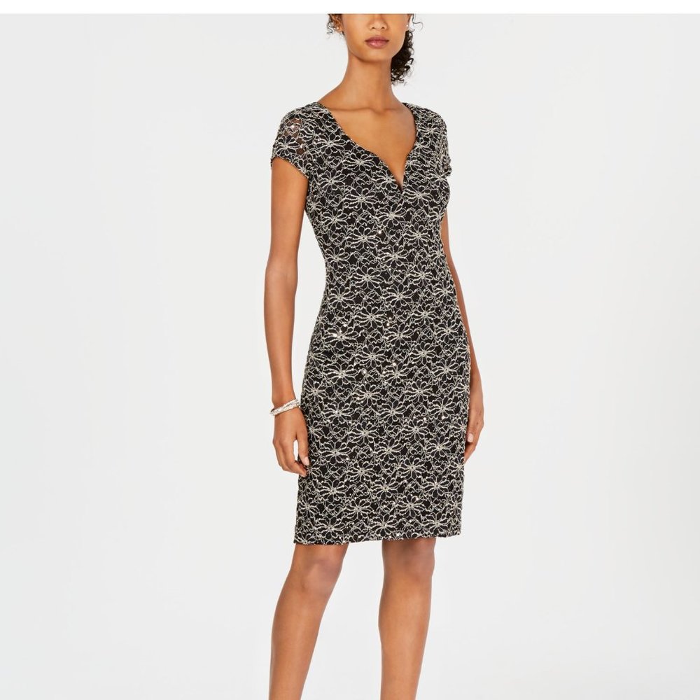 CONNECTED APPARREL SEQUINNED LACE TRIM COCKTAIL DRESS